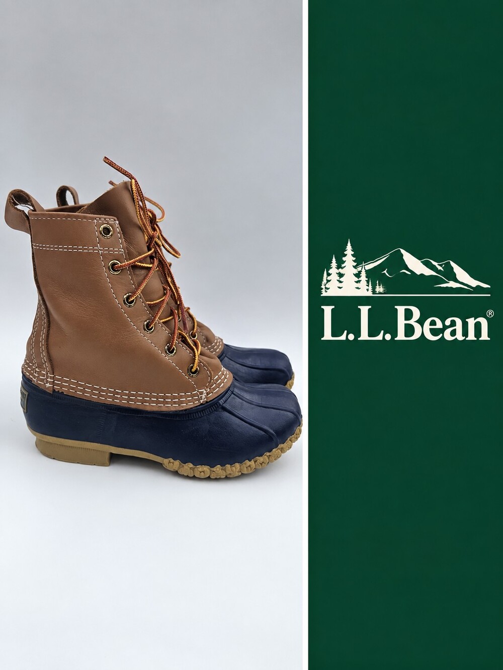 L.L.Bean Bean Boots Leather Duck Boots Tan Navy Size 8M - Made in Maine